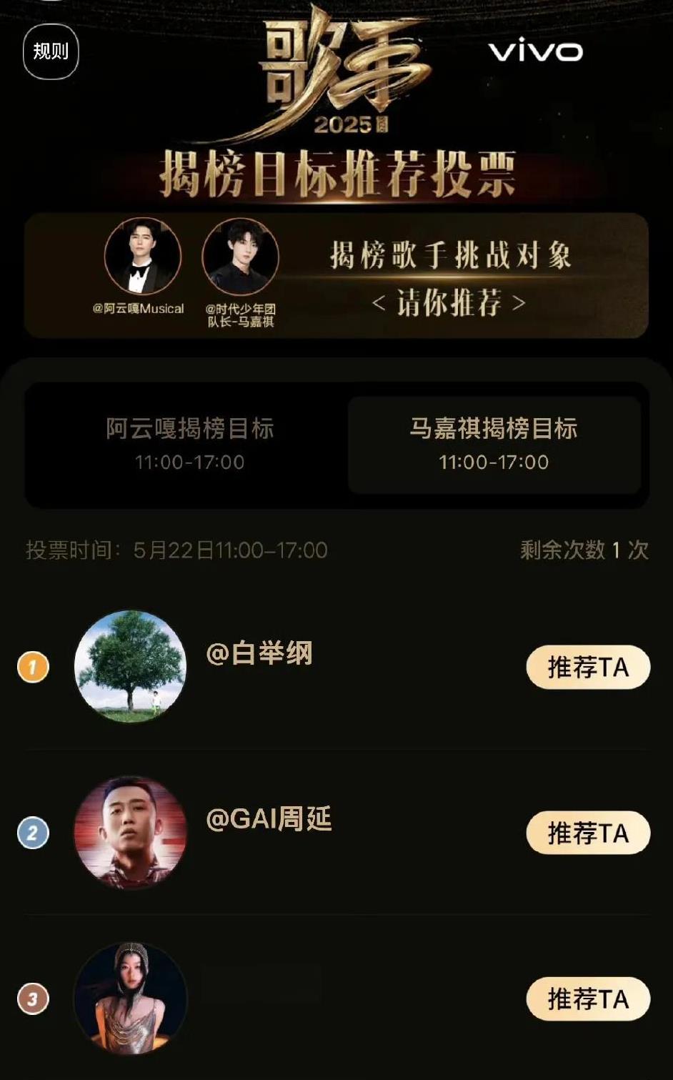 《歌手2025》节目太会玩了，粉丝投票揭榜目标环节发生啥了啥？
阿云嘎的揭榜目标