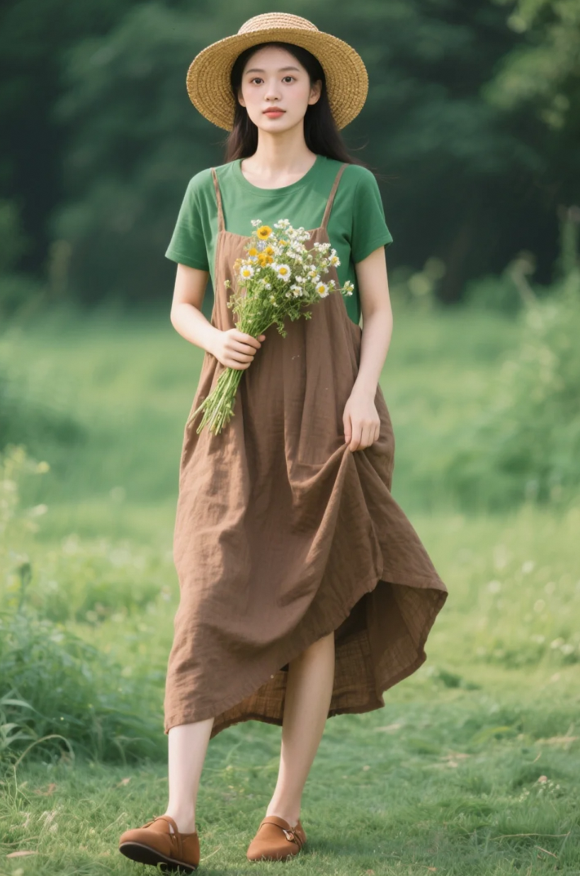穿越草地的那一刻，她像从油画里走出来的田园少女
