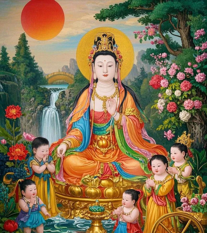 送子观音笑开颜，福泽人间子孙贤。一拜观音子嗣旺，早得贵子福满堂。二拜观音儿聪慧，