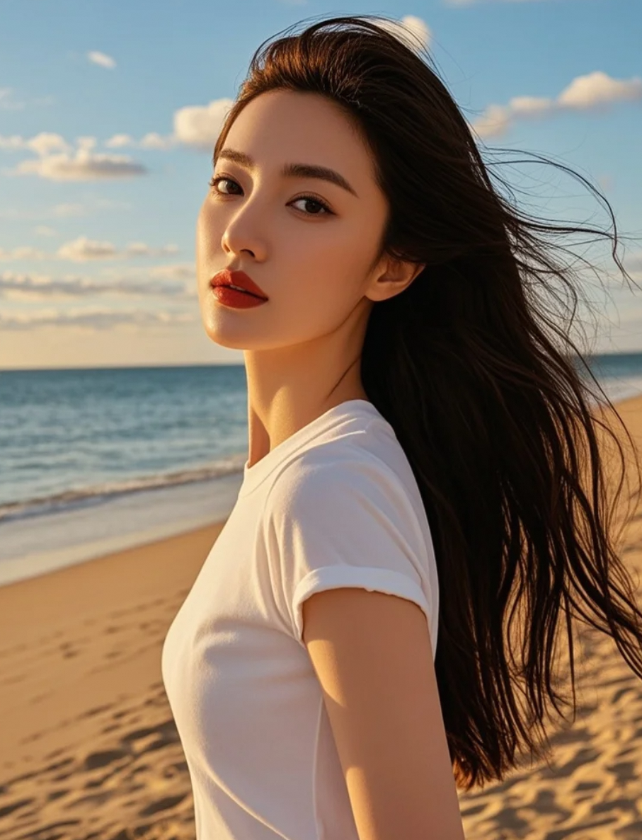 夕阳沙滩，她如光之使者，以亲和笑容与飞扬发丝，温暖了整片金色海岸