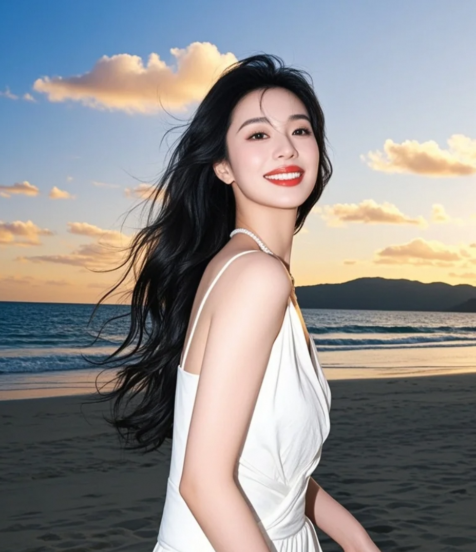夕阳为伴，海风为友，白裙长发是她的全部行装