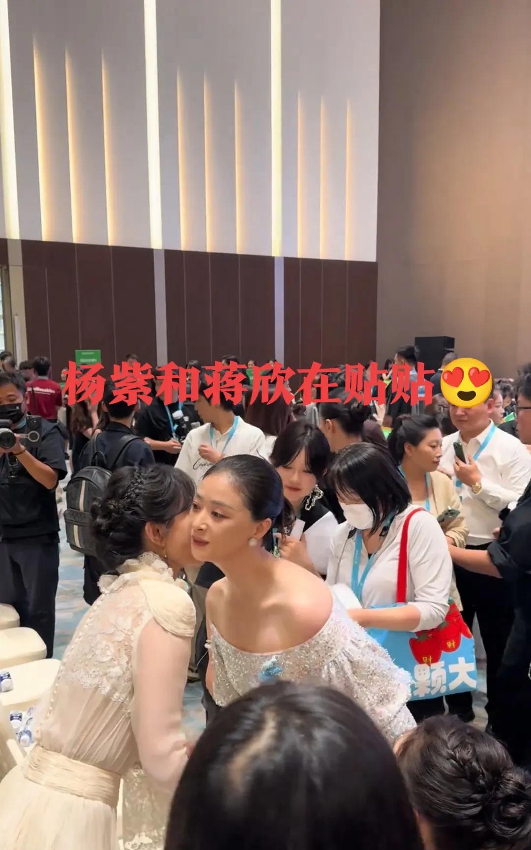 哈哈哈哈，旁边要是没人，杨紫和蒋欣就要亲亲了[爱慕]
她俩的这个见面礼有点像甄嬛