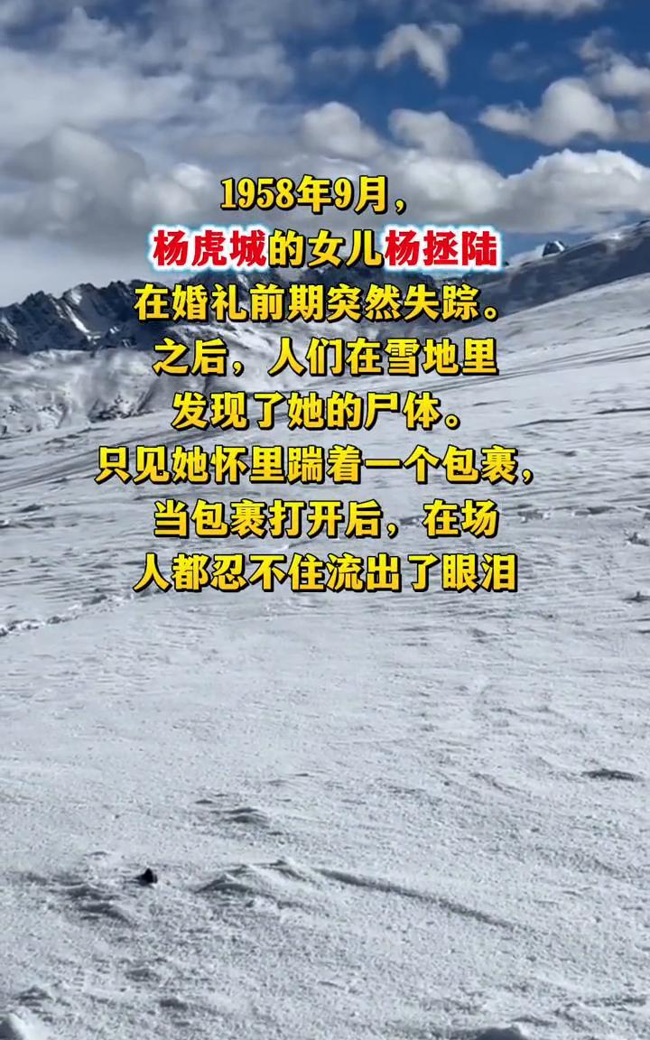 1958年9月，杨虎城的女儿杨拯陆在婚礼前期突然失踪。之后，人们在雪地里发现了她