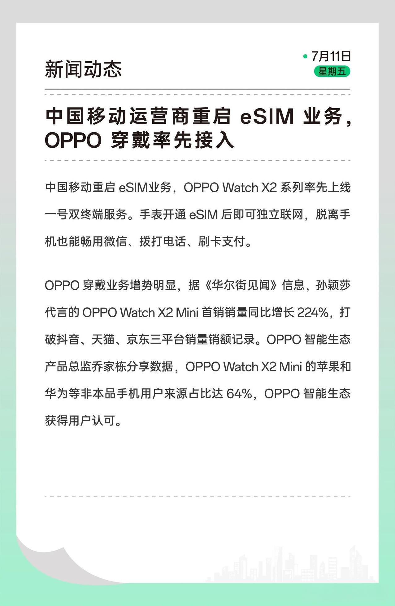 OPPO Watch X2支持 eSIM了！
中国移动重启eSIM业务，OPPO