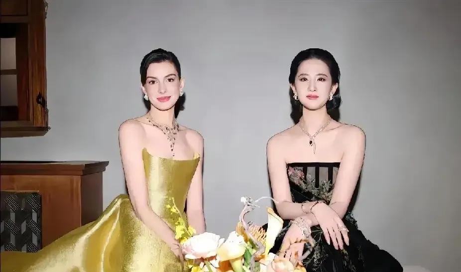 当安妮海瑟薇碰到刘亦菲，也输的彻底！
安妮有点耸肩，感觉有点拘谨，肩膀没有刘亦菲