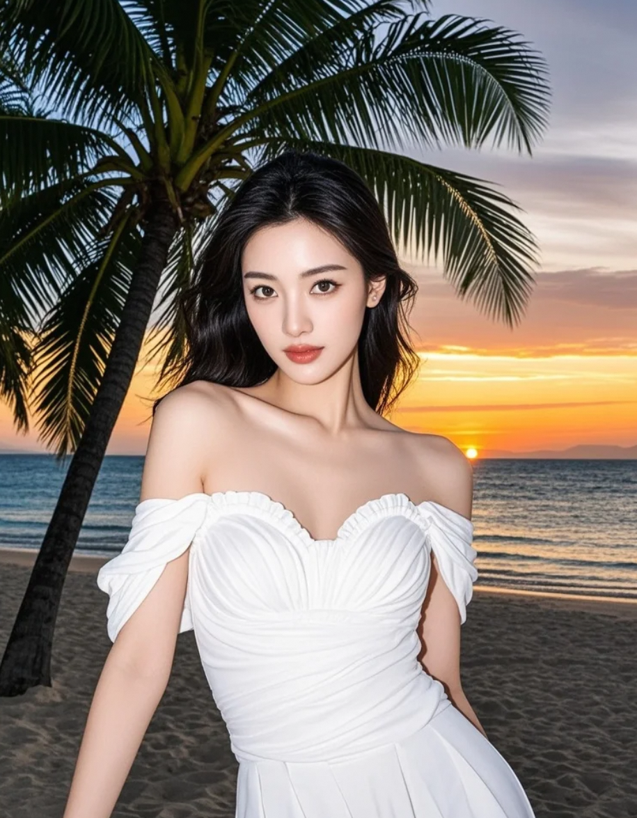 橘粉天幕下，她倚着孤独的椰影