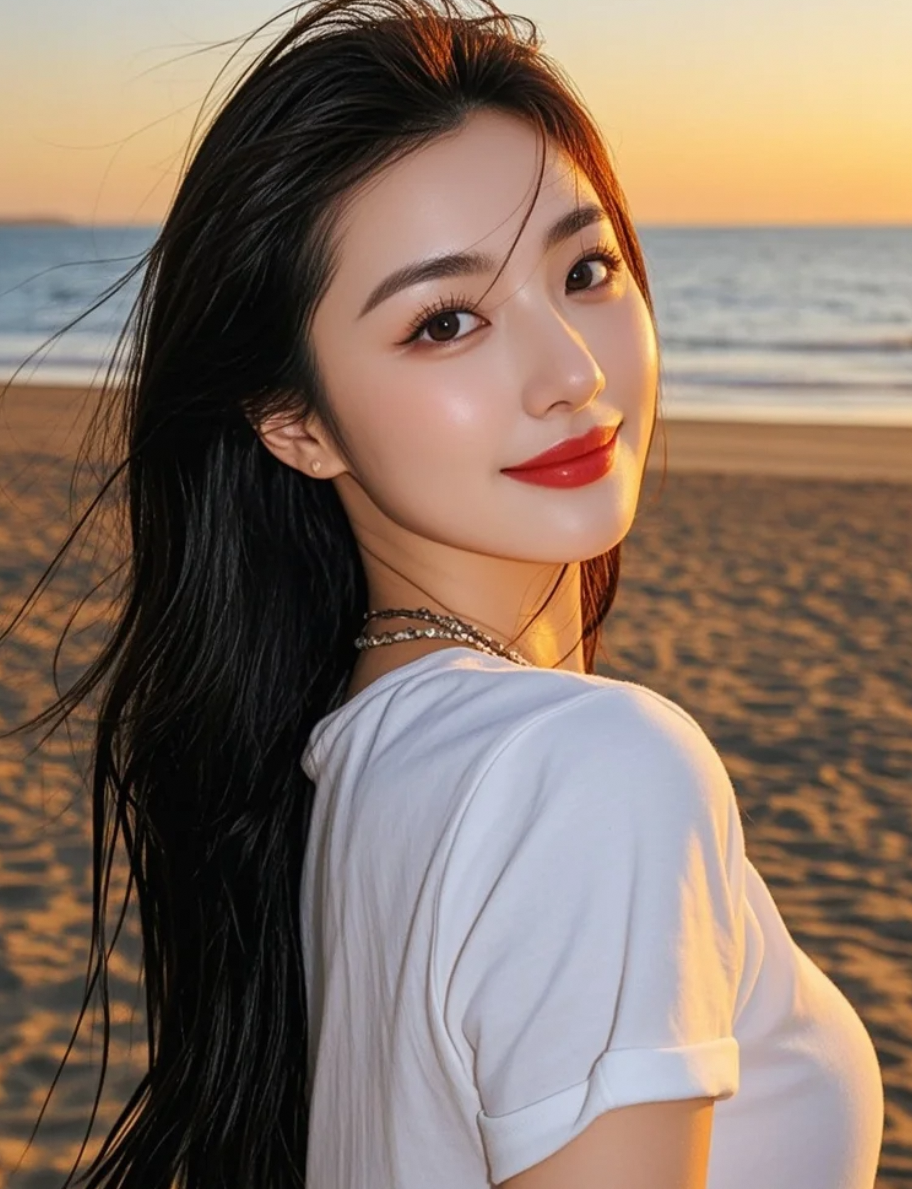 她与晚霞同舞，长发飘扬，T恤休闲装束也难掩其光芒万丈的明星气场