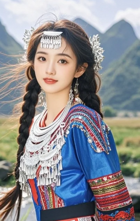 她穿上壮族盛装站在草原上，美得像一首未唱完的山歌！
