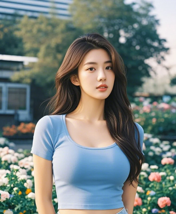 鸢尾摇曳拂香肩，蝶舞芳丛映笑颜