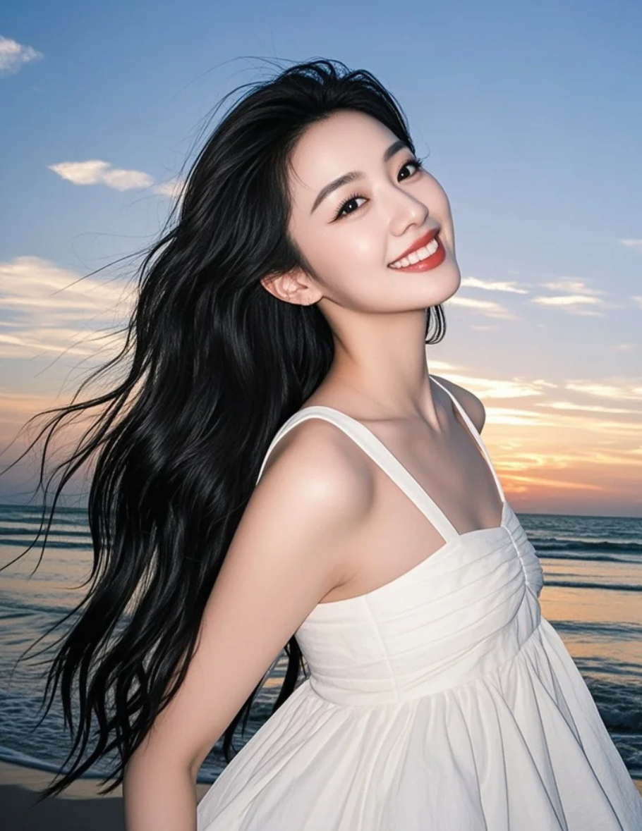 海风掀起白裙一角，露出纤细脚踝与沙粒