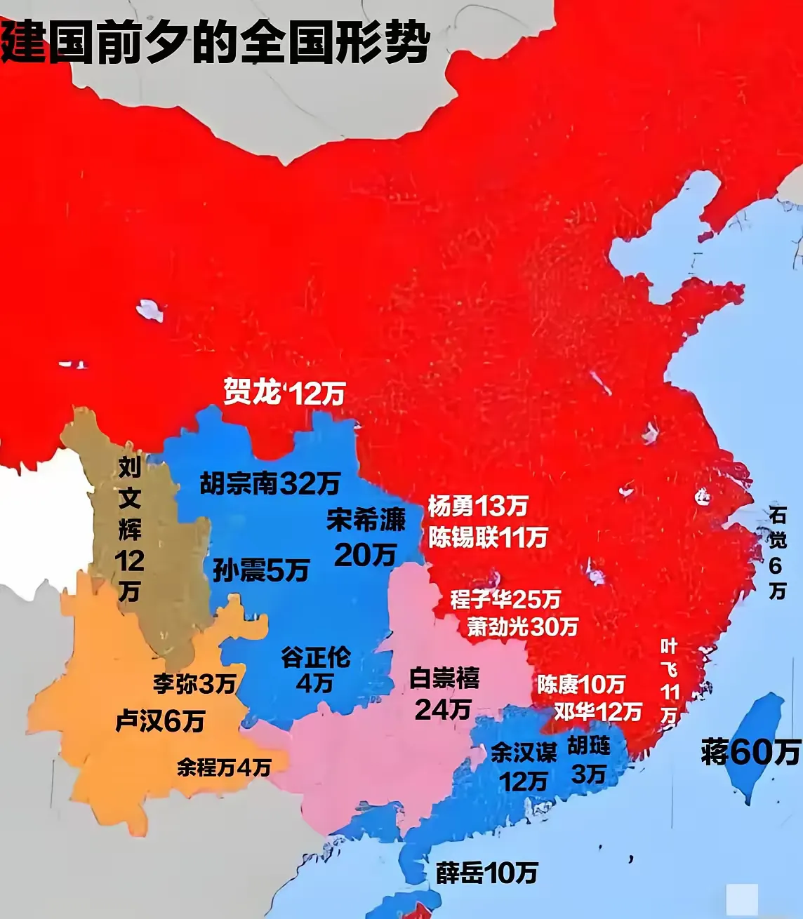 这张建国前夕全国形势图，国民党军人数也不少。虽然经过四大战役消耗，也有接近200