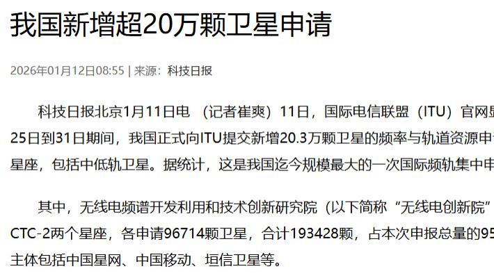 中国卫星通信迈入新纪元：20.3万颗卫星频轨申报与多网融合技术共绘“空天地一体”蓝图