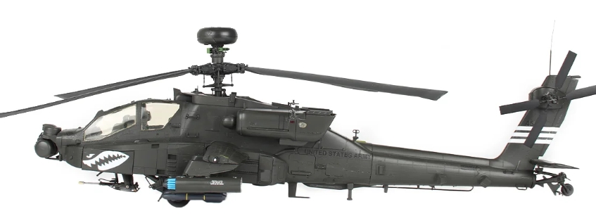 AH-64 APACHE阿帕奇是一款双引擎直升机，机身下方有一把30毫米M230