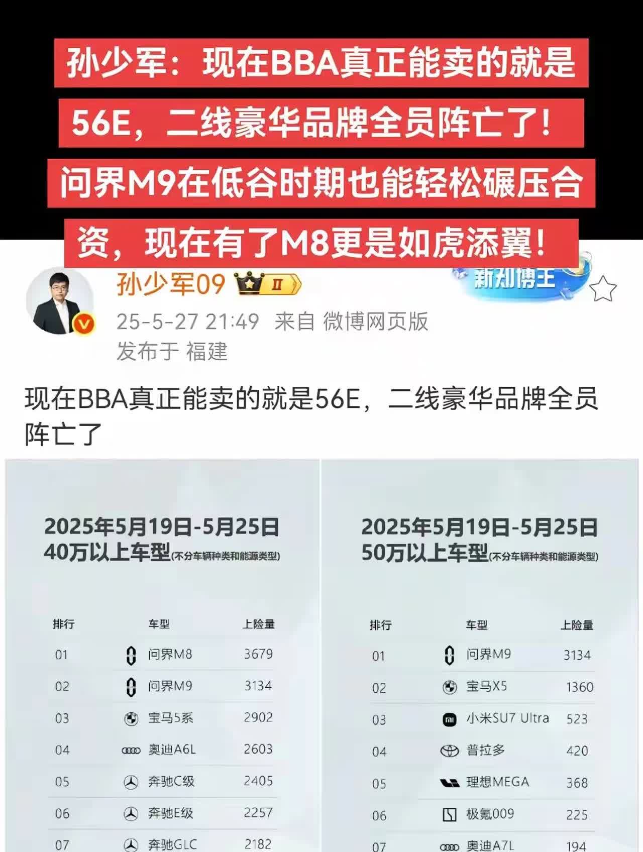 对于享界S9来说，燃油车的销售数据才是关键，因为30万以上的轿车，在新势力车型享