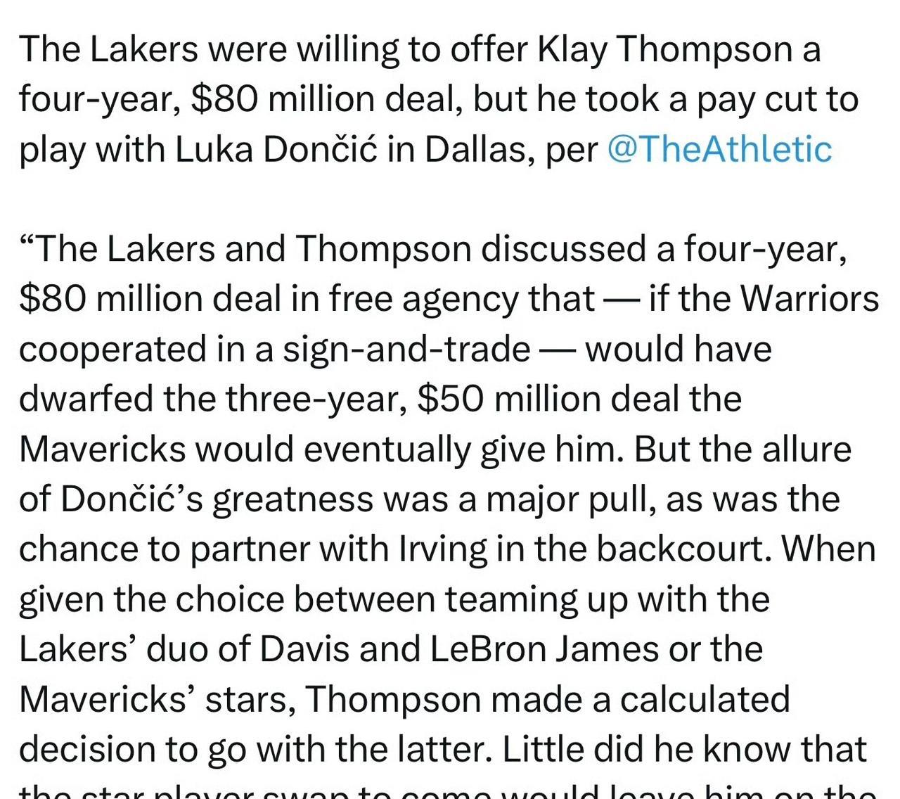 The Athletic报道，湖人曾有意向克莱·汤普森提供一份4年8000万美元