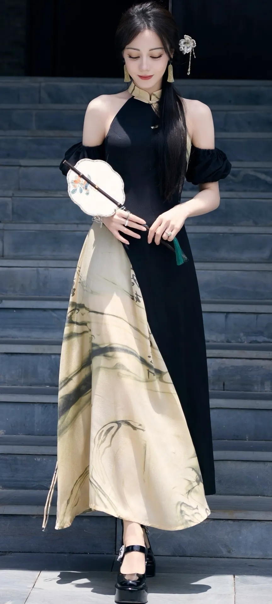 迪丽热巴：黑金旗袍裙，优雅气质，尽显东方韵味。
