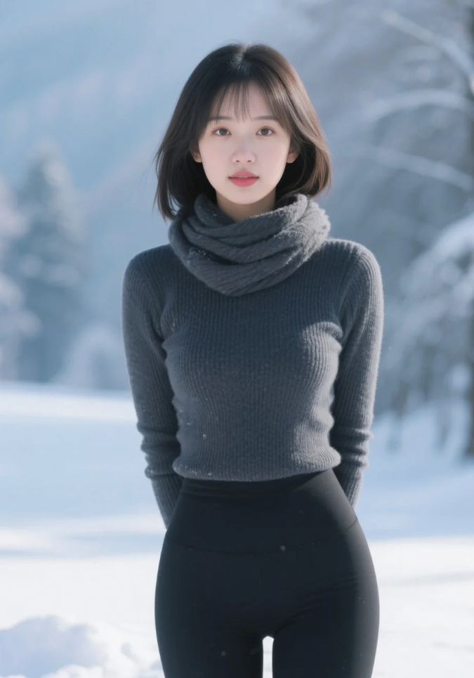 雪地跑步的毛衣女孩，围巾飘动时露出马甲线