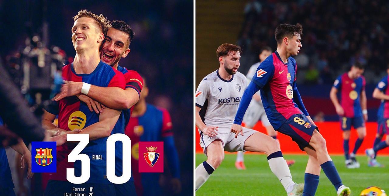 西甲：巴塞罗那主场3-0大胜奥萨苏纳，联赛8连胜以3分领跑。
费兰首开记录，奥尔
