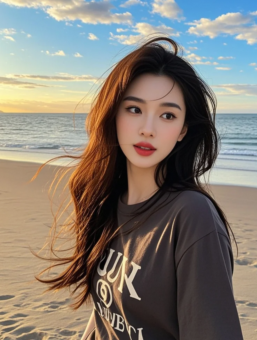 夕阳熔金，长发在海风中起舞，她漫步沙滩，每一步都踏出大牌明星的从容气场
