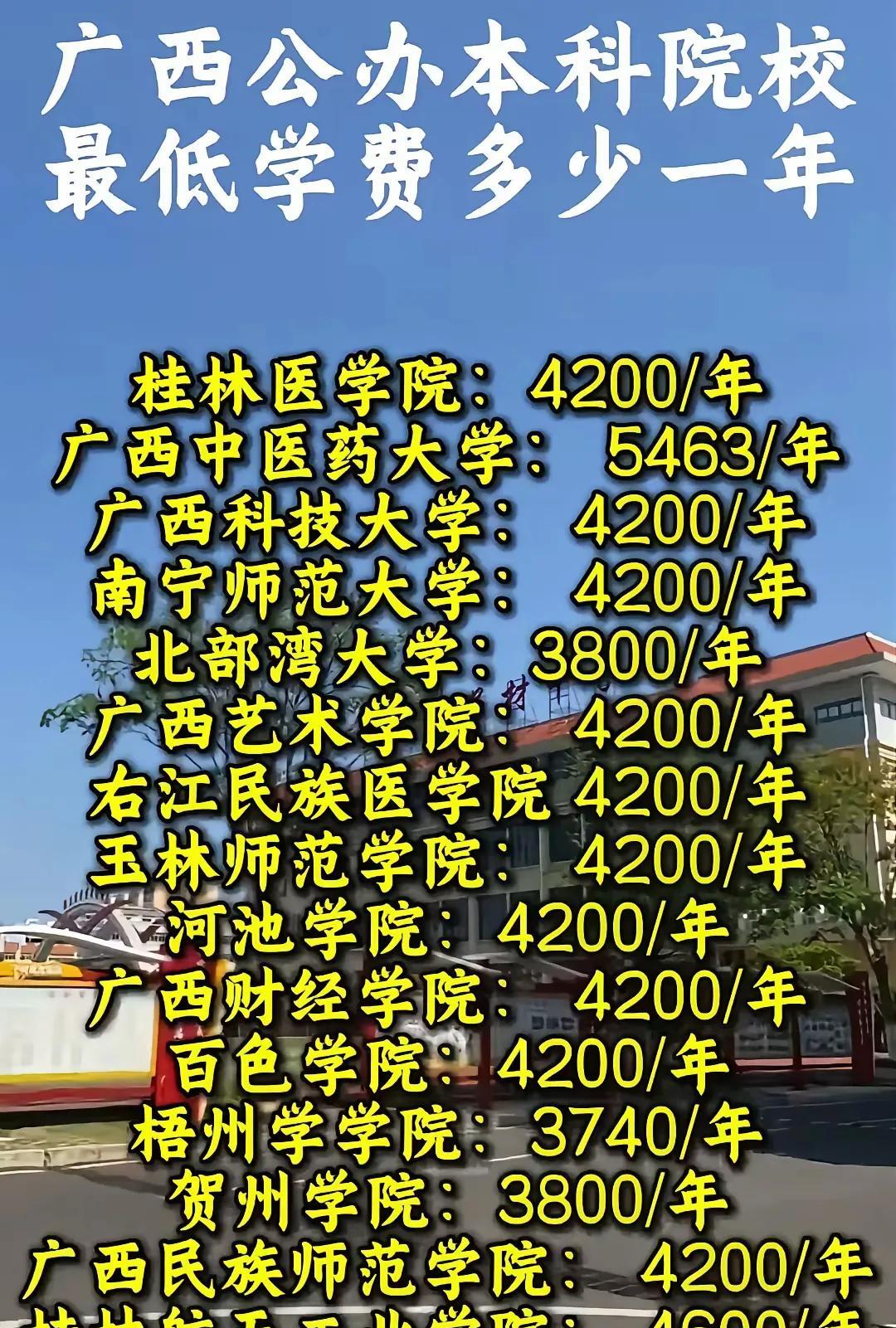 广西的公办大学学费真低啊，比广东同类型大学学费还要便宜一两千一年。所以在广西读公