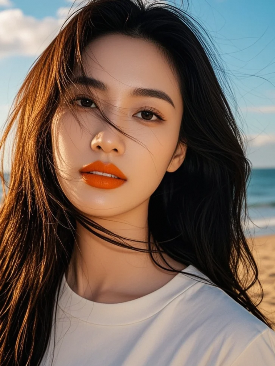 发丝飞扬如诗，她行走在落日熔金的沙滩，每一步都散发着大牌明星的亲和魅力