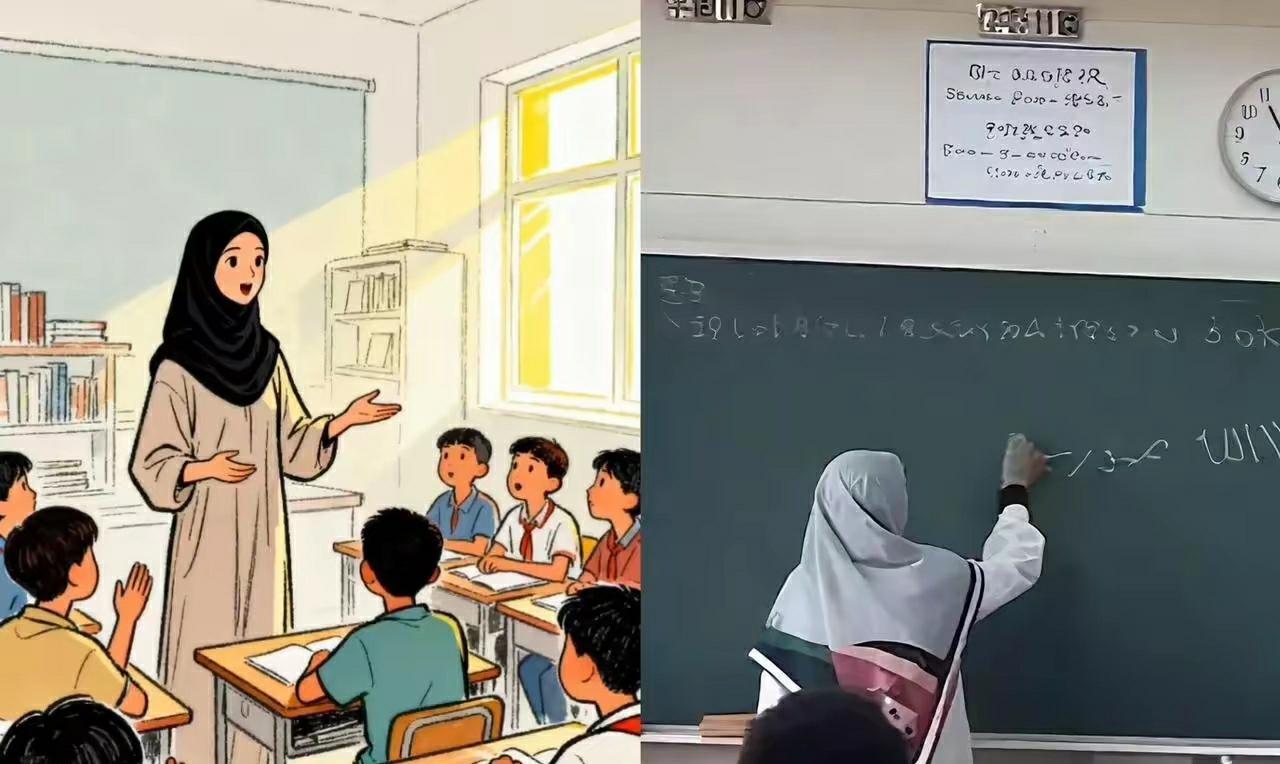 青海有个女教师包着头巾如鸭蛋，还穿着长袍，上课堂，学校和教育局劝她都不听。
她这