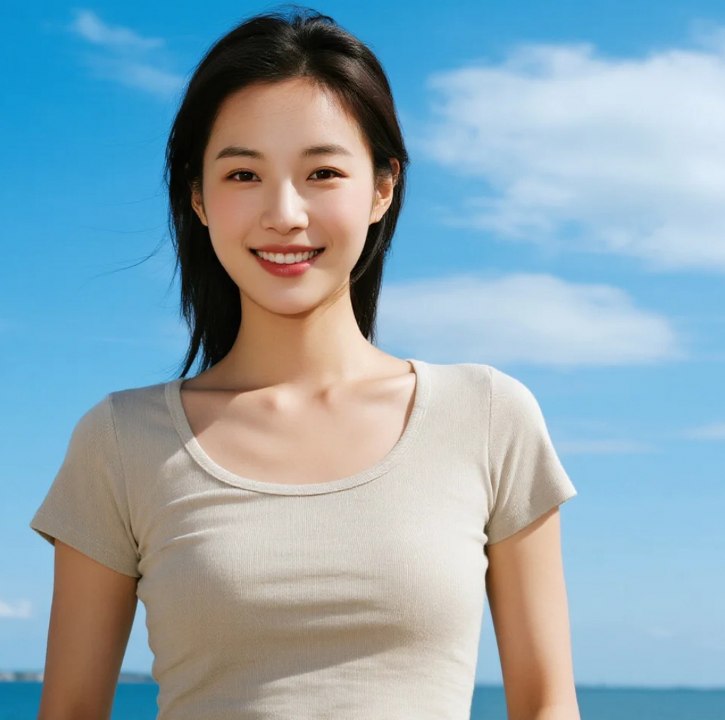 她的笑容如同海边的阳光，温暖而耀眼