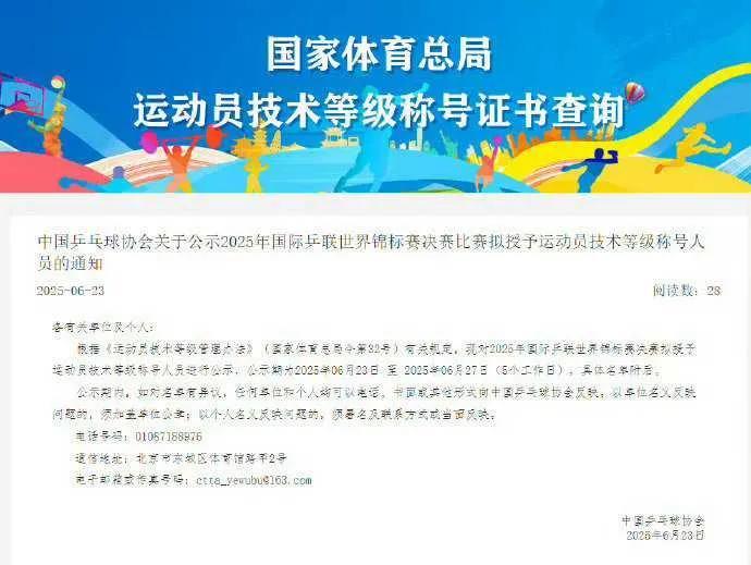 国家体育总局网站爆料，乒协公示2025世乒赛拟授称号，孙颖莎、王楚钦要成国际健将