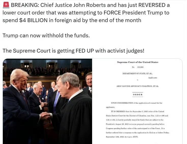 首席大法官约翰·罗伯茨推翻了一项下级法院的命令，该命令试图强迫特朗普总统在本月底