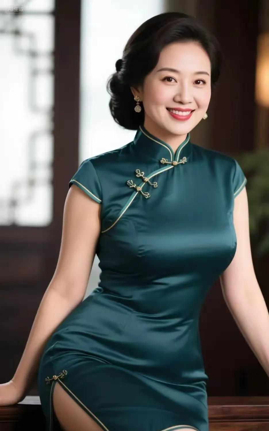旗袍美妇
旗袍裹体韵流芳，
圆润娇姿映画堂。
娇眼含情呈浅笑，
中年丰态自矜妆。