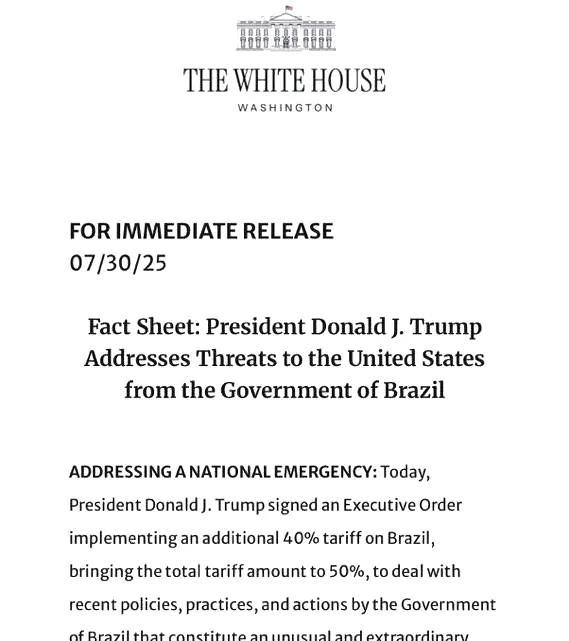 最新消息： 特朗普签署行政命令，对巴西加征额外40%的关税，使总关税达到50%，