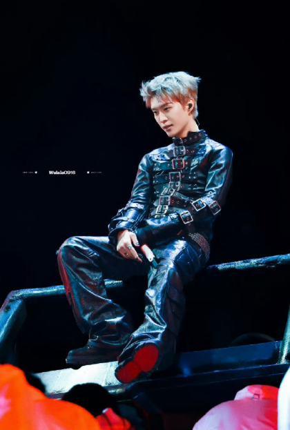 浙江卫视跨年晚会上，灰金色发色（耗时6小时染制）搭配黑衣银边战袍，冷冽气场被称“