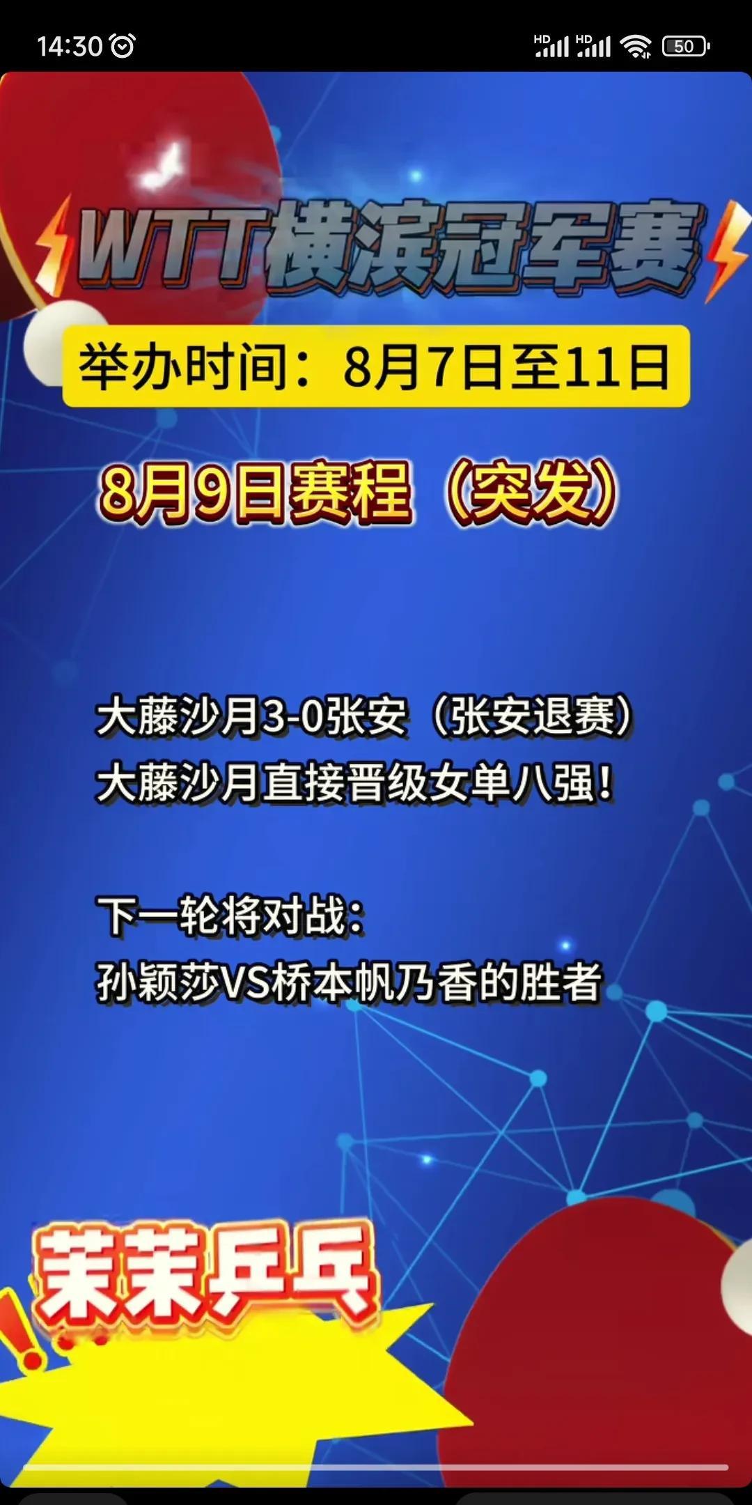 大藤莎月运气真不错，张安突发事件退赛，大藤莎月直接晋级。
下一轮将对决孙颖莎与桥