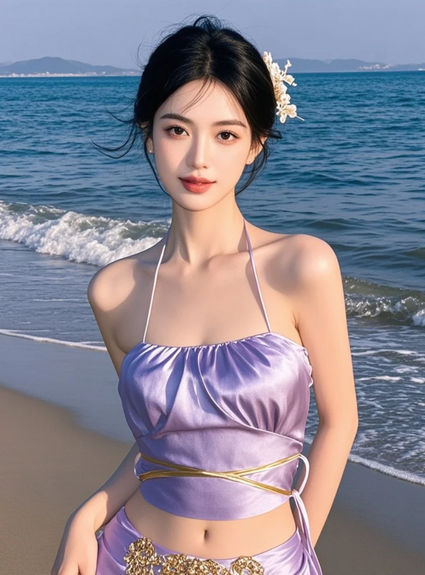 夕阳落在她身影上，连海水都为她泛起涟漪