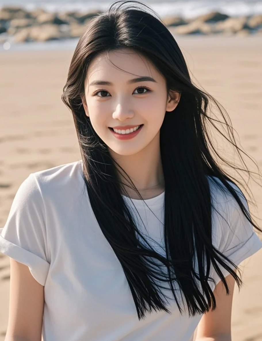 长发与海风共舞，她浅笑如诗，沙滩上充满诗意