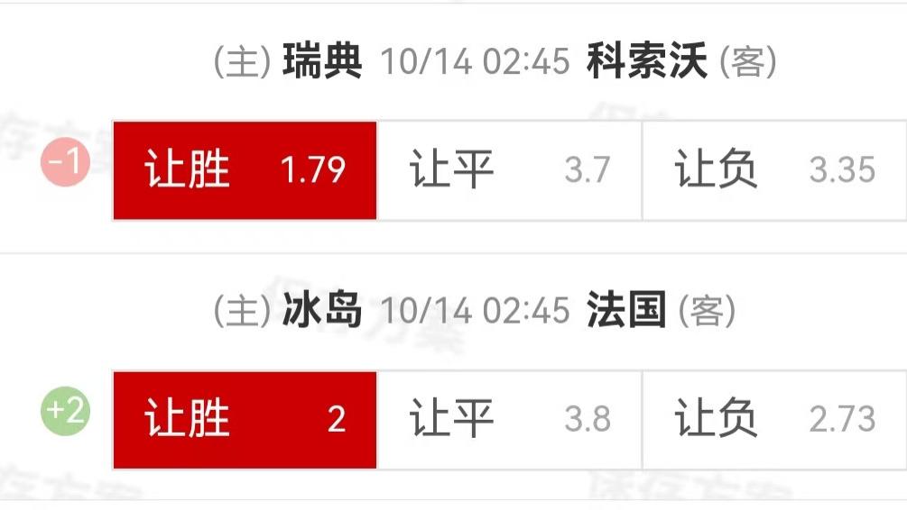 10.13周一精选高赔比赛：瑞典VS科索沃+冰岛VS法国