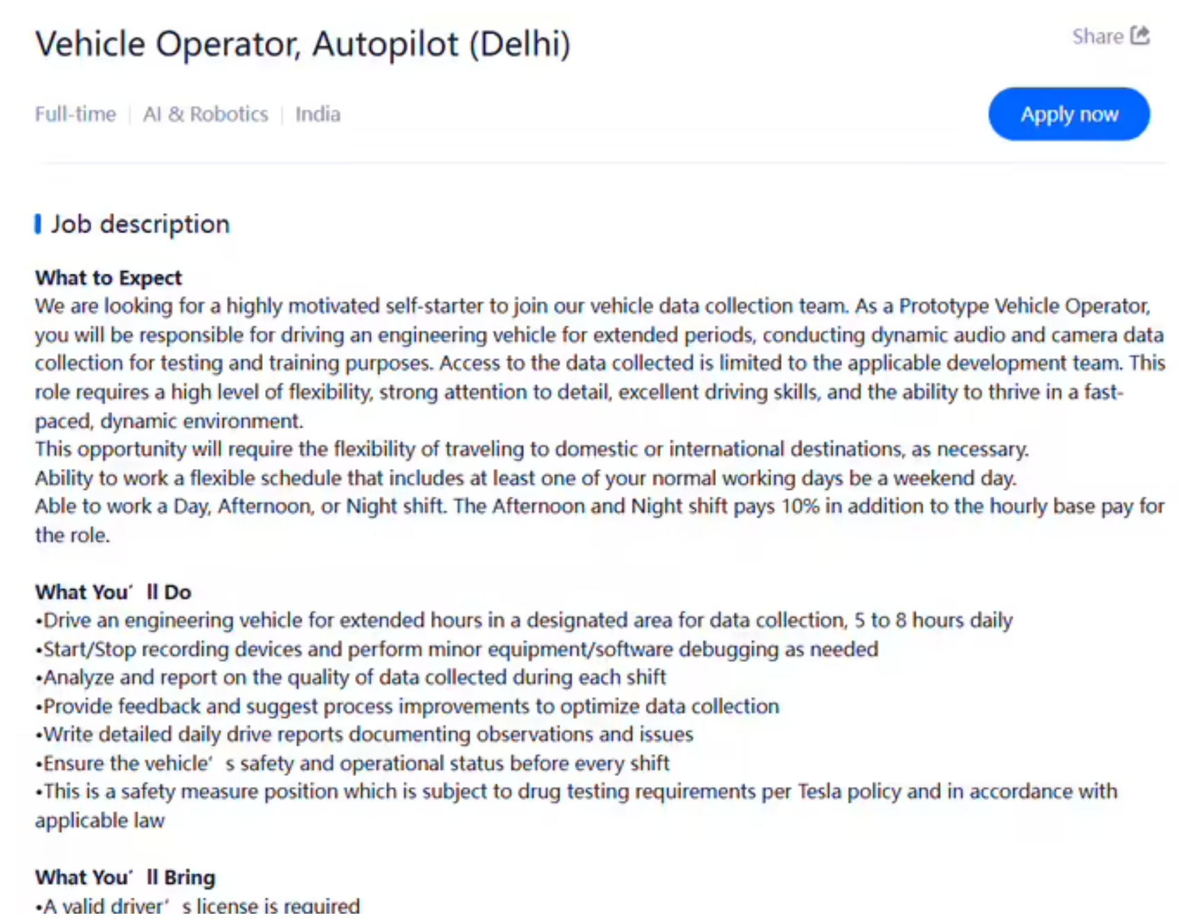 特斯拉在印度招聘自动驾驶车辆操作员，看来是要挑战最高难度了，这边建议国内“第一梯