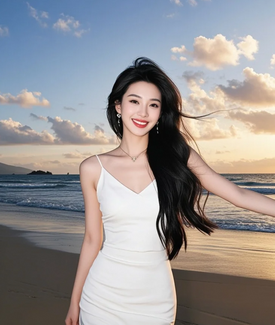 发梢扫过微咸的空气，白裙褶皱盛满夕阳