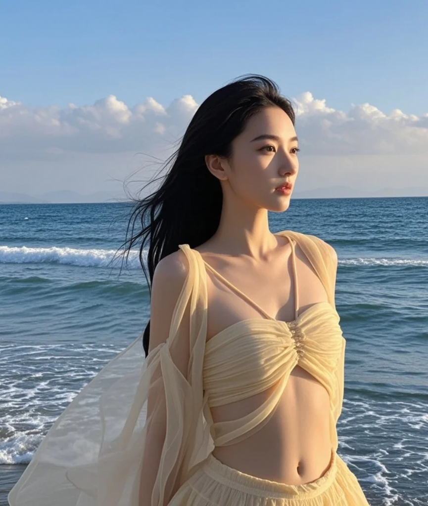 她在夕阳下那一刹，整片海岸都成了背景。