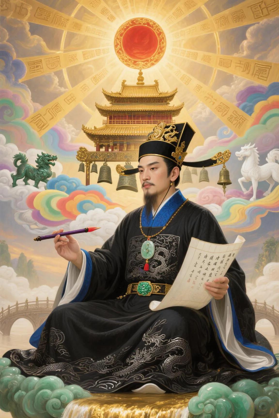 文昌帝君坐上方，智慧之光心中亮。学业有成创辉煌，考试顺利不慌张。
帝君持笔赐文运