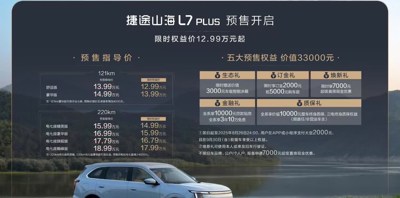 捷途山海L7 PLUS开启预售。预售限时权益价12.99万元-17.99万元。轴