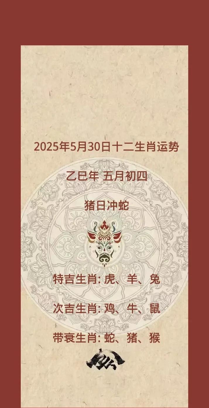 2025年5月30日十二生肖运势
乙巳年 五月初四
猪日冲蛇
特吉生肖: 虎、羊