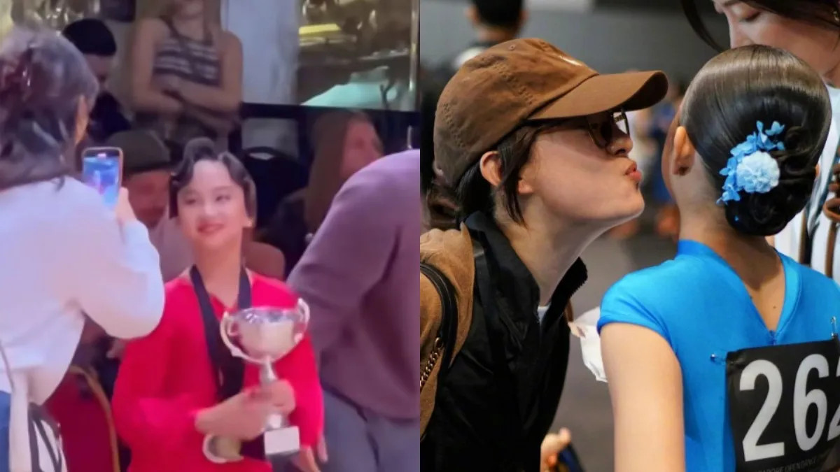 孙俪陪女儿英国参赛，11岁小花夺冠被老师亲吻脸颊