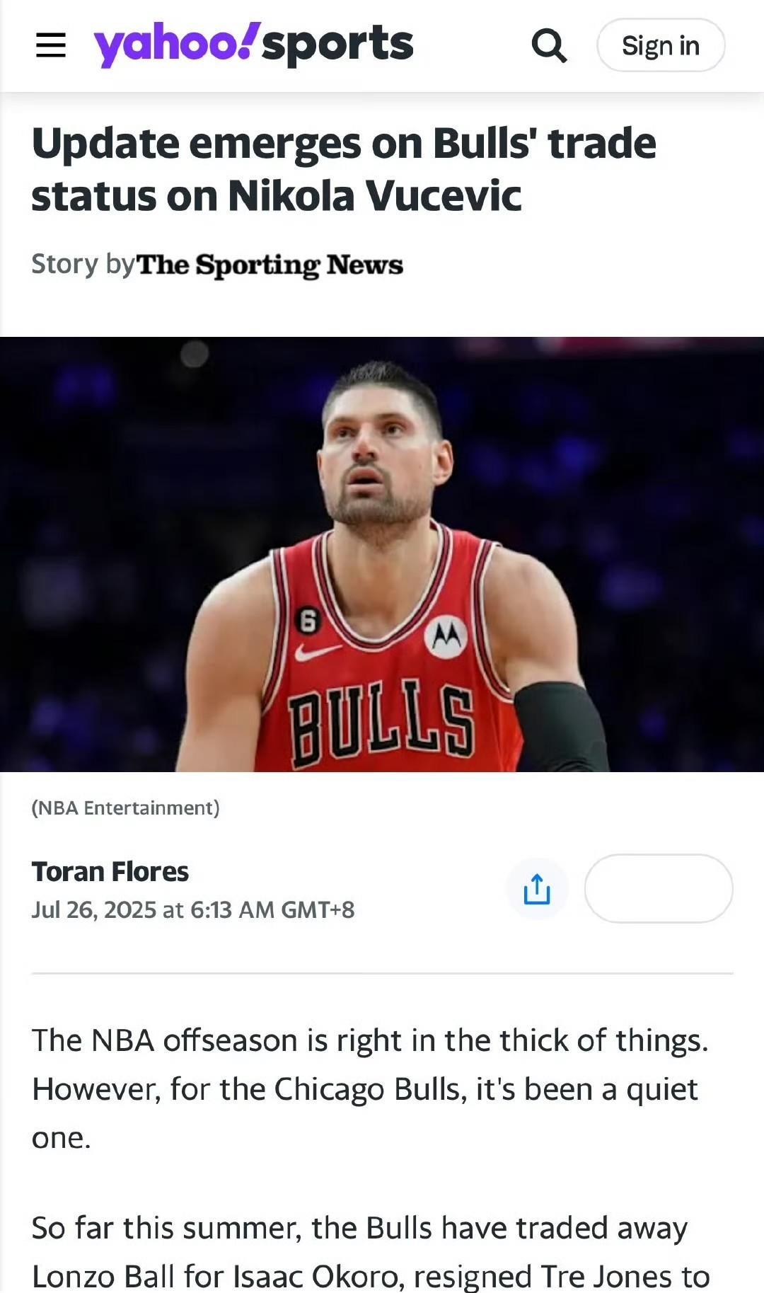 如果交易不出去，公牛预计将裁掉武切维奇！
根据Yahoo Sports消息透露：