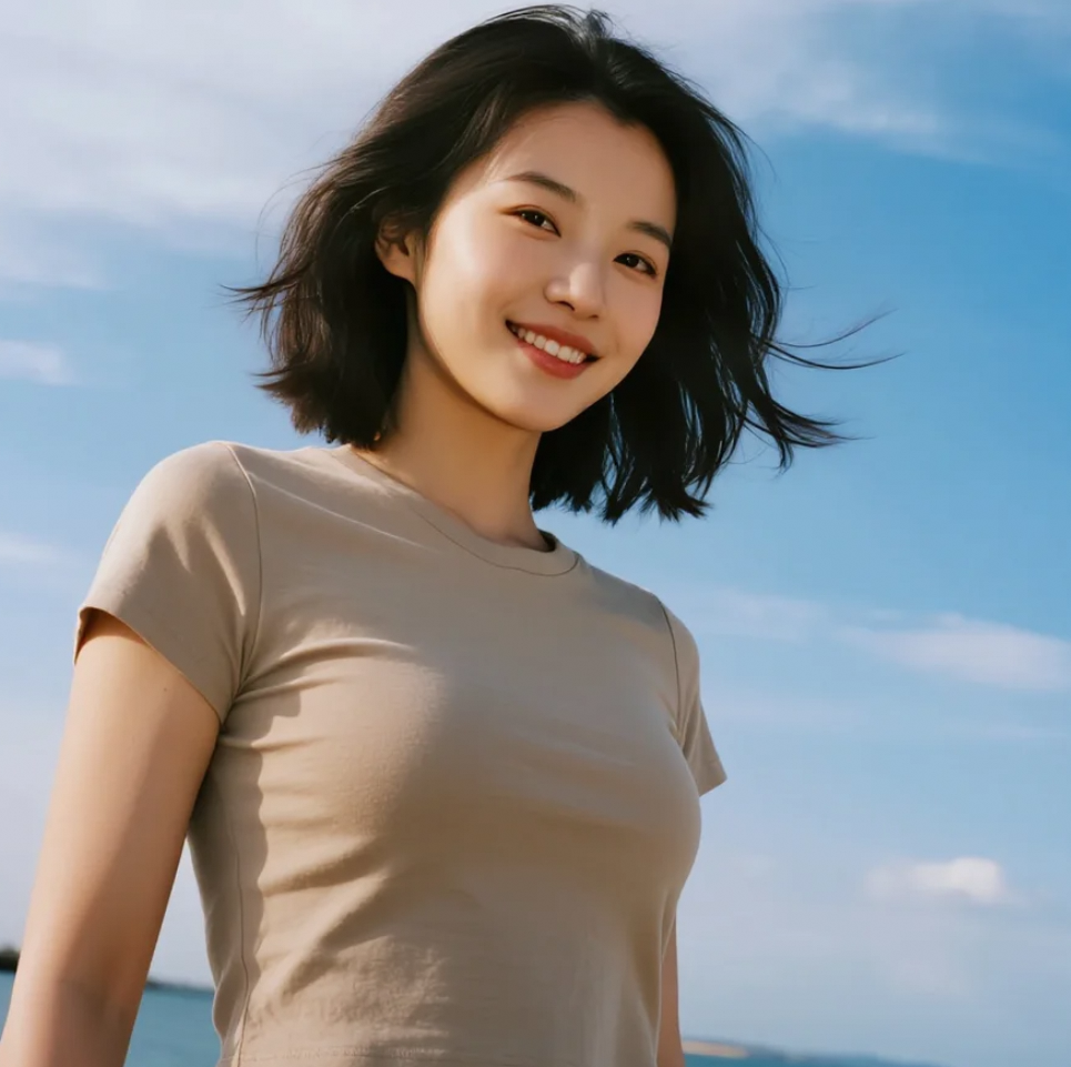 海天一线处，她的微笑如星辰般璀璨