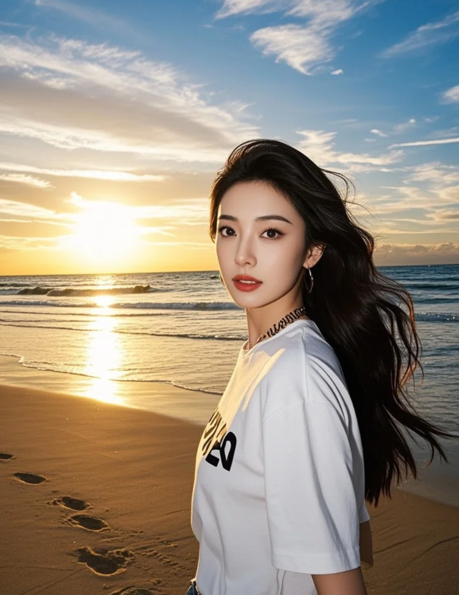 长发与海风私语，她与自然共鸣