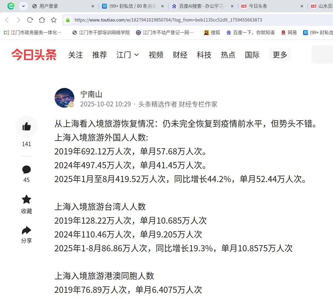 上海入境旅游外国人人数:
难怪上海的外国人这么多
还是恢复的很快的
