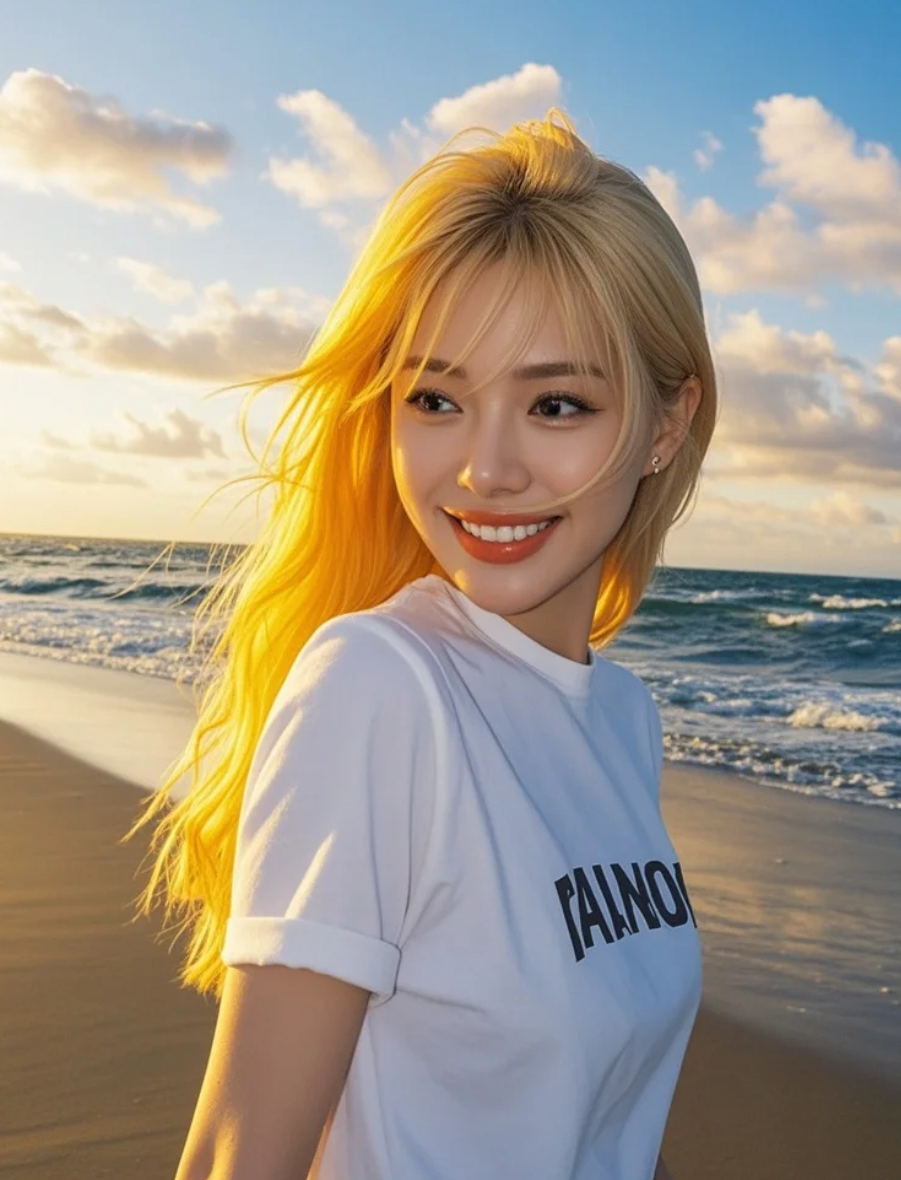 夕阳为她加冕，她行走在金色沙滩，以亲和笑容与活力姿态征服每一寸海岸