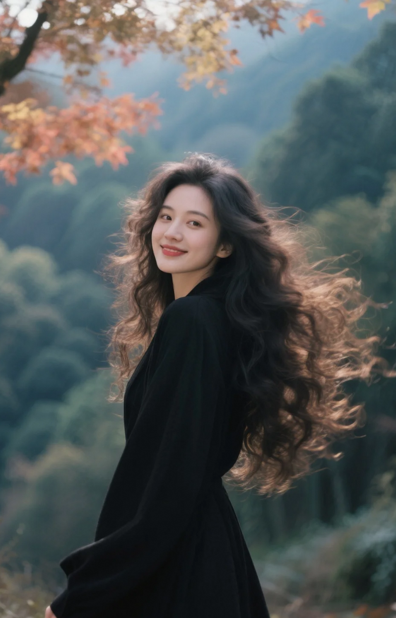自然与美的邂逅，枫叶与黑衣佳人