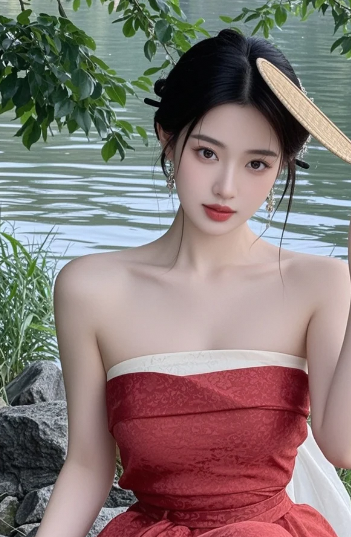 她站在湖边执扇一笑，连风都跟着温柔